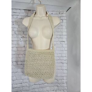 Womens Beige Crotcheted Wide Strap Shoulder Bag